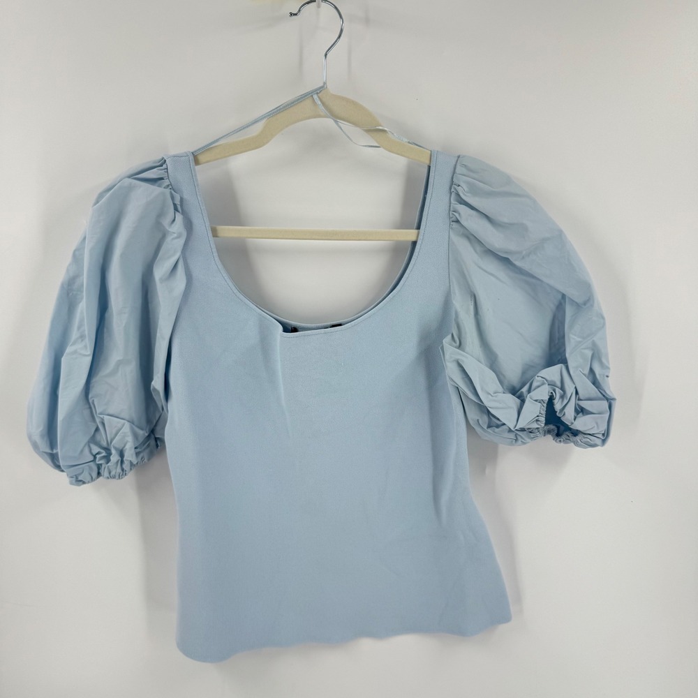 Theory Puff Sleeve Top Light Blue Small Square Neck Knit Poplin Blouse Soft Girl